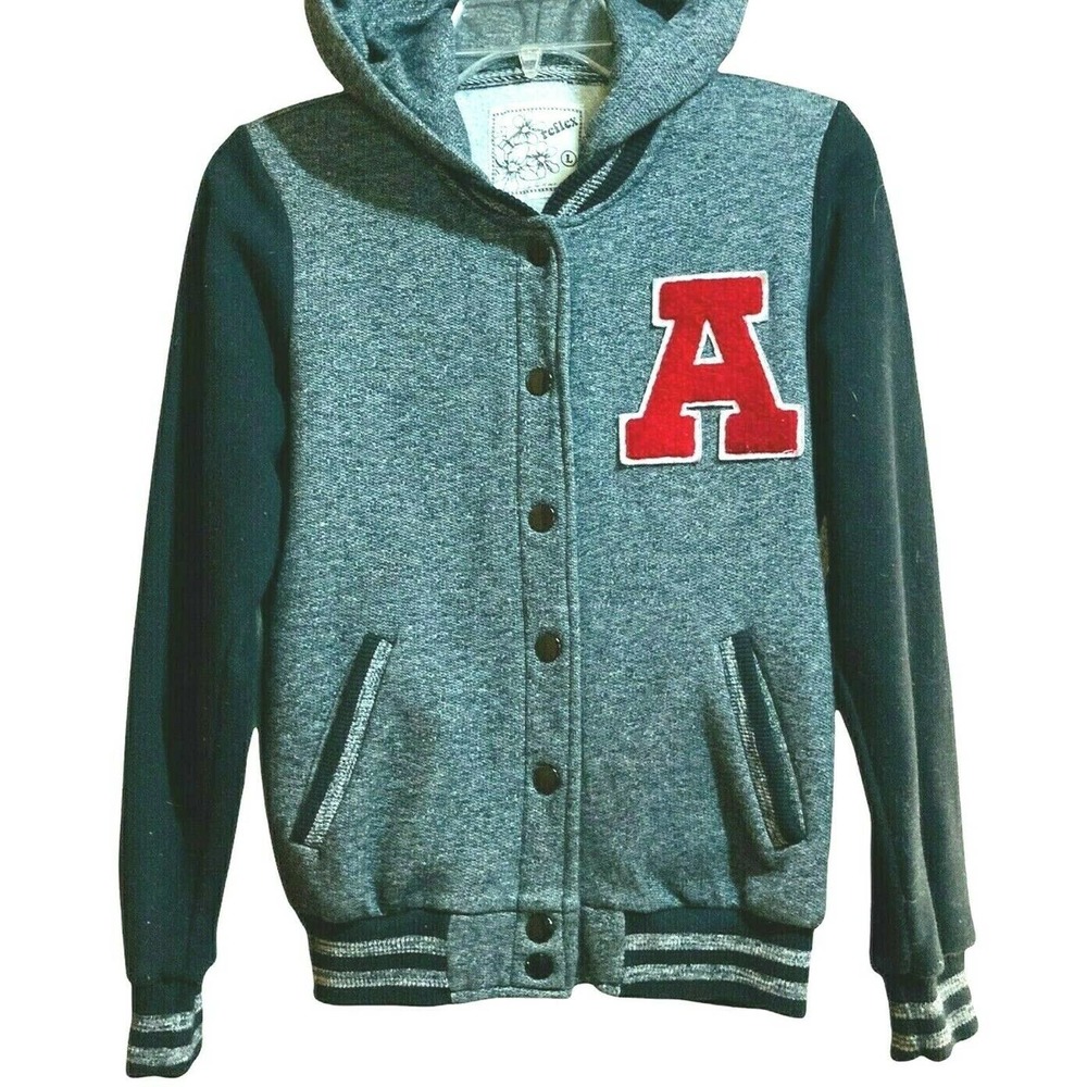 Retro Bomber Jacket Hoodie Letter A Snap Up Black Gray Ringer